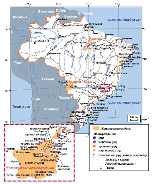 Схема размещения основных месторождений
угля и чёрных металлов Бразилии *** Размер изображения уменьшен. Нажмите, чтобы увидеть полноразмерное изображение с полным качеством